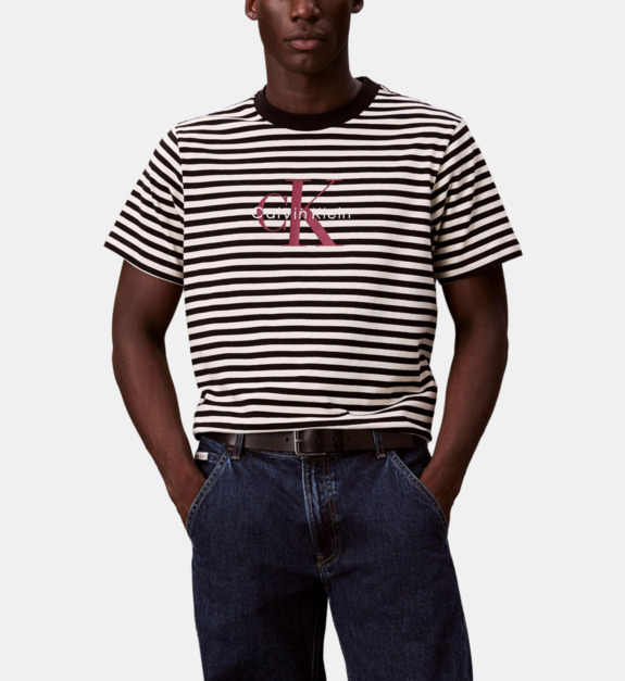 T shirt rayé logo droit en coton