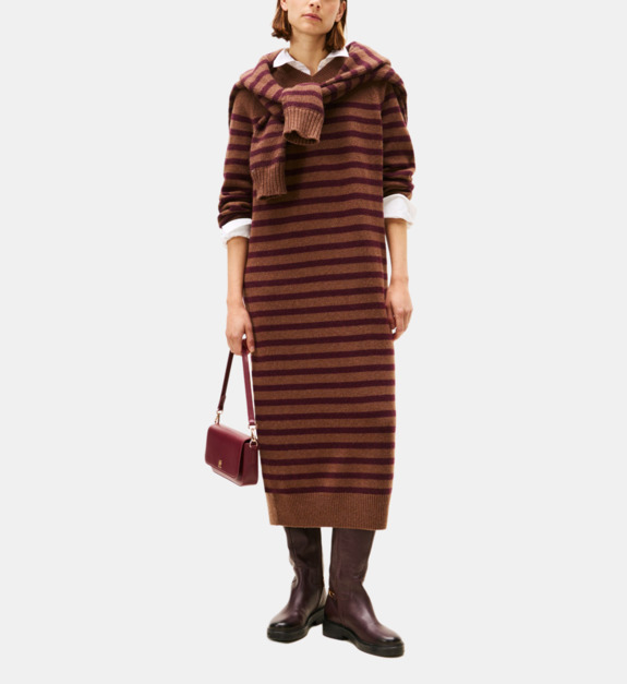 Robe pull droite rayée en laine mélangée manches longues