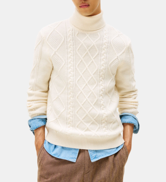 Pull droit maille en laine torsadée col roulé - vue 2