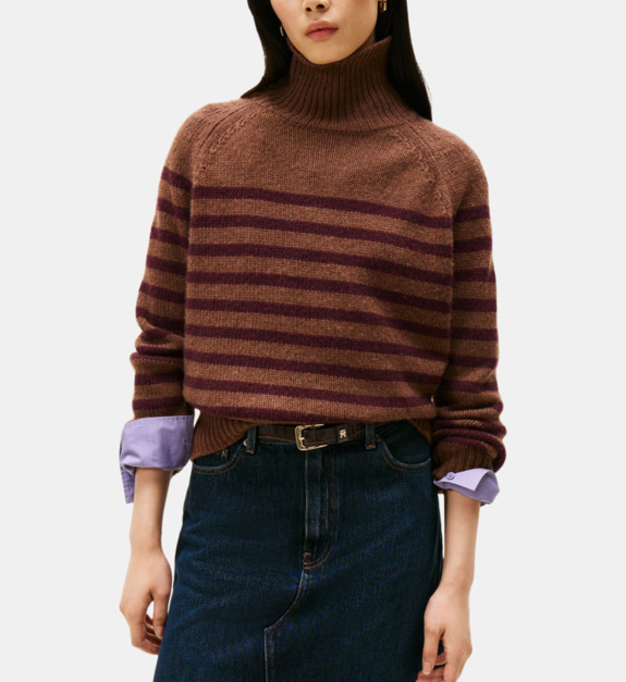 Pull droit rayé col montant en laine mélangée