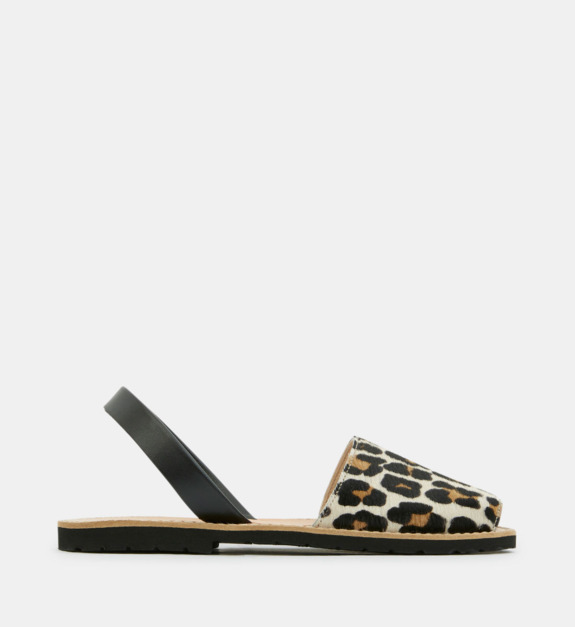 minorquines - Sandales plates cuir effet poils de léopard - Beige