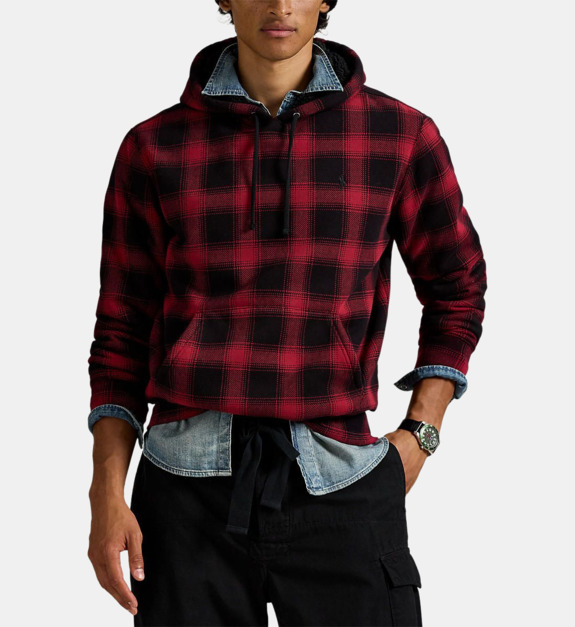 polo ralph lauren - Sweat à capuche à carreaux droit en coton signature - Rouge