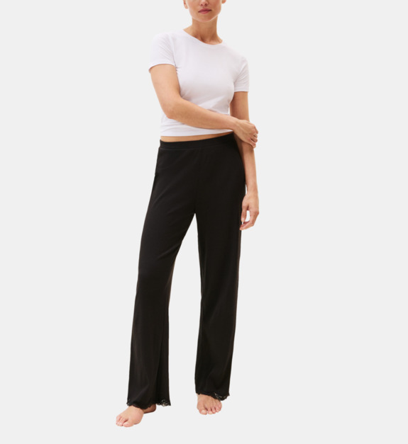 Pantalon de pyjama droit côtelé en coton mélangé détails en dentelle