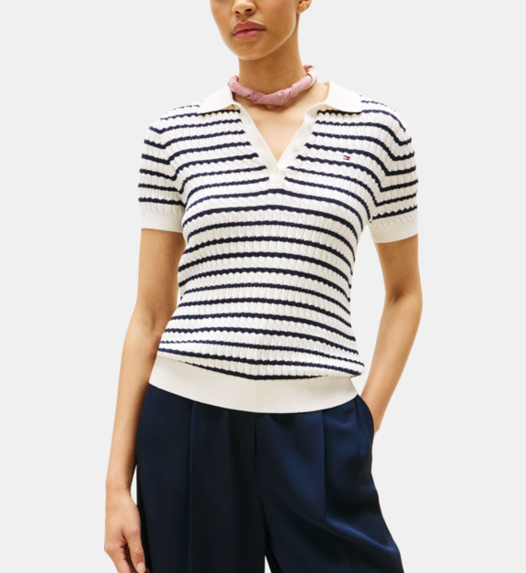 Pull polo manches courtes maille câble en coton - vue 2