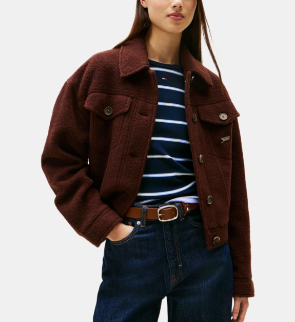 tommy jeans - Veste droite en laine mélangée poches plaquées signature - Marron