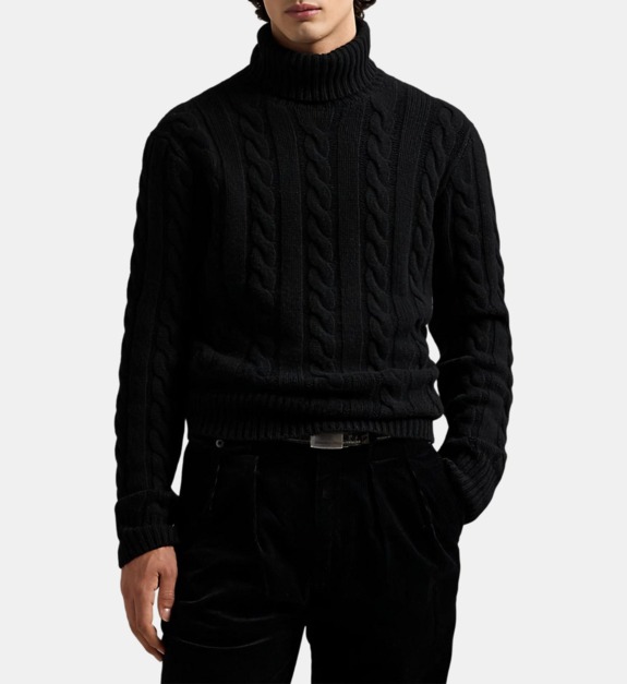 polo ralph lauren - Pull torsadé en laine et cachemire col roulé - Noir