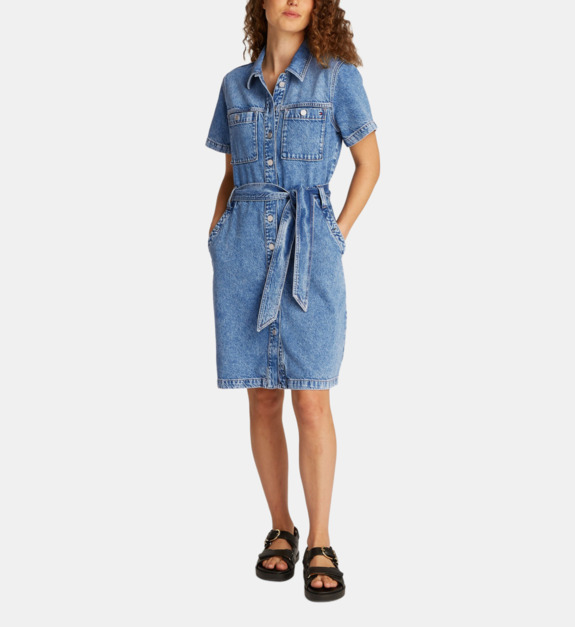 tommy hilfiger - Robe chemise courte évasée ceinturée coton denim mélangé - Bleu