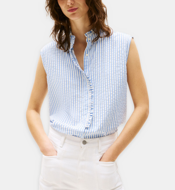 Chemise sans manches coton seersucker à rayures