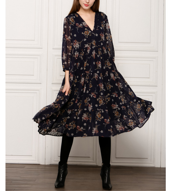 see u soon - Robe mi-longue en voile fluide à imprimé floral plumetis - Bleu