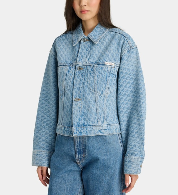 calvin klein jeans - Veste en jean cintrée courte en coton monogramme - Bleu