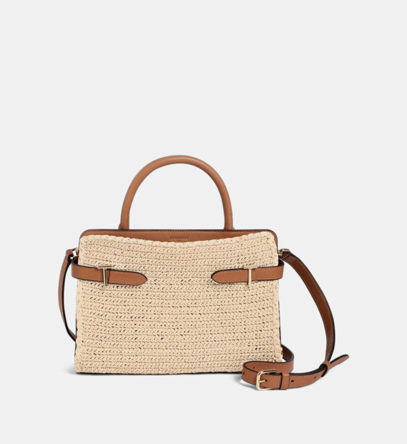 le tanneur - Sac à main moyen modèle Emie en cuir lisse et raphia - Beige