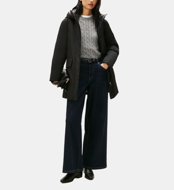 Parka droite mi longue en coton mélangé patch signature