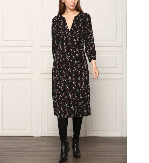 see u soon - Robe portefeuille genoux fleurie - Noir
